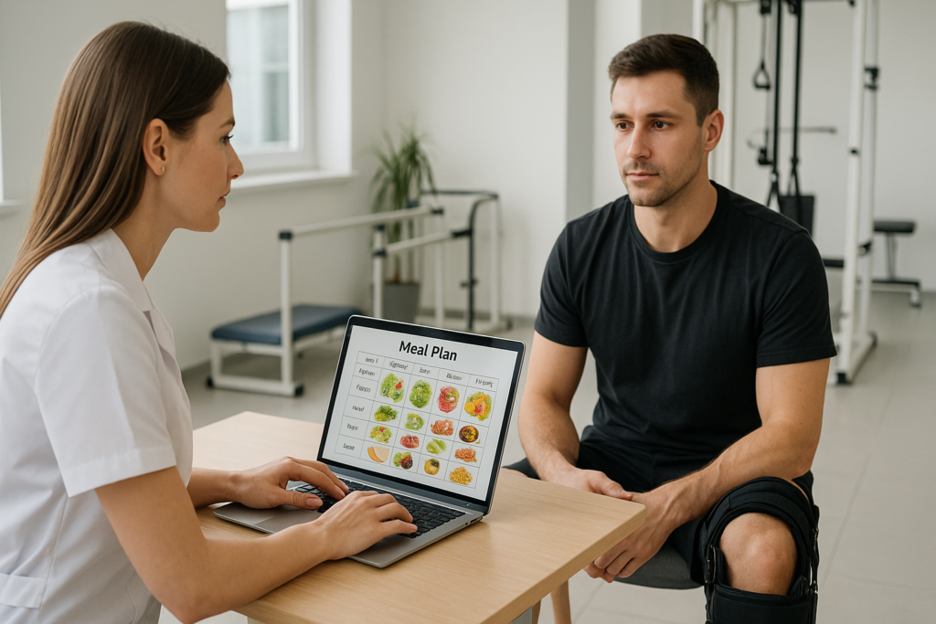Dietetyk konsultuje plan żywieniowy z pacjentem w trakcie rehabilitacji kolana w JK Clinic Warszawa Wawer