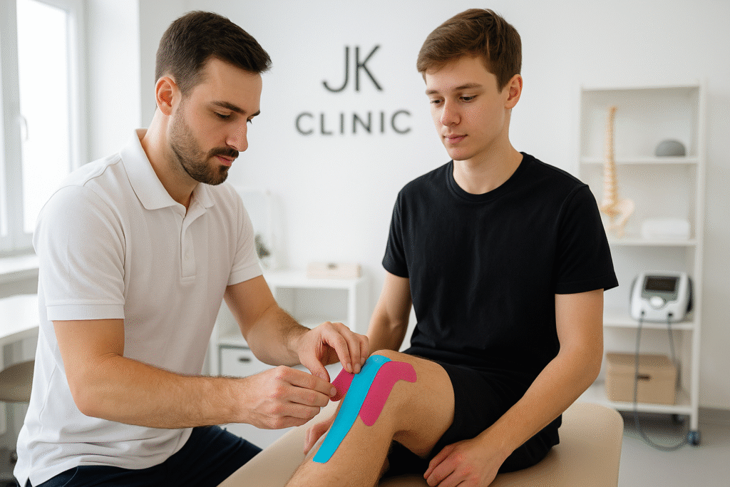 Fizjoterapeuta zakłada taśmę kinesiology taping na kolano pacjenta