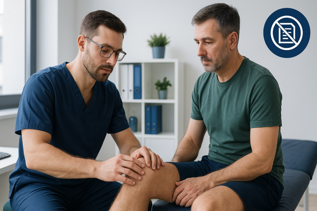 Ortopeda bada kolano pacjenta bez skierowania w nowoczesnym gabinecie JK Clinic w Warszawie