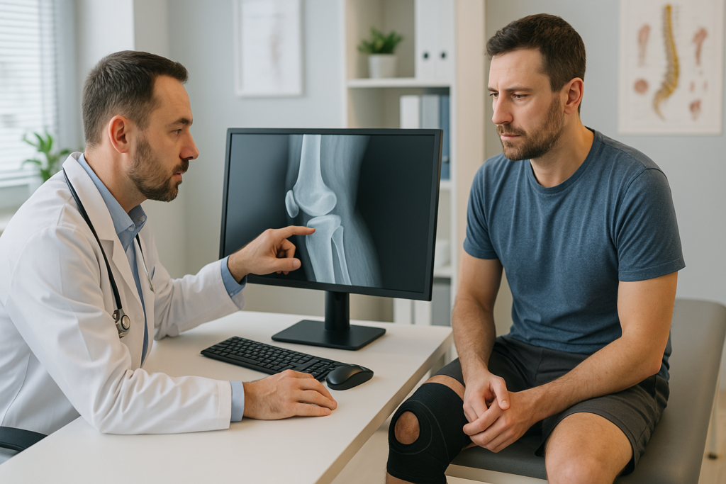 Ortopeda w JK Clinic analizuje RTG kolana pacjenta w nowoczesnym gabinecie