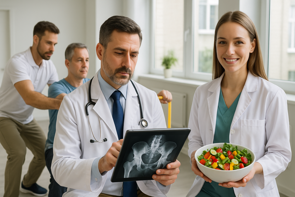 Pacjent podczas rehabilitacji, wspierany przez ortopedę, fizjoterapeutę i dietetyka