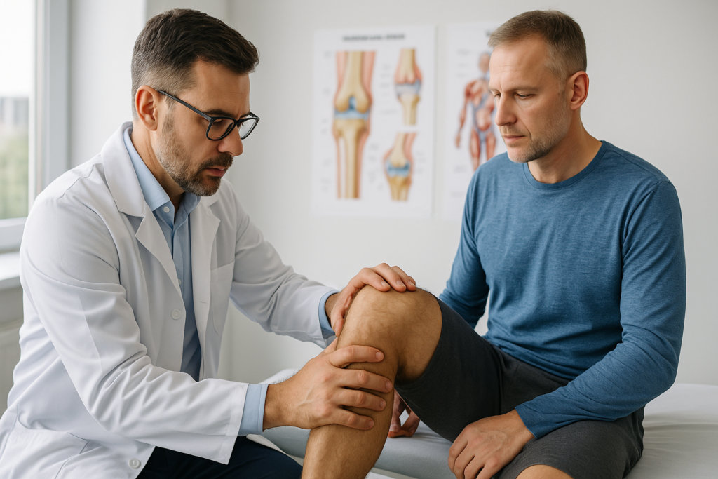 Ortopeda badający kolano pacjenta, diagnostyka strzelania w stawach
