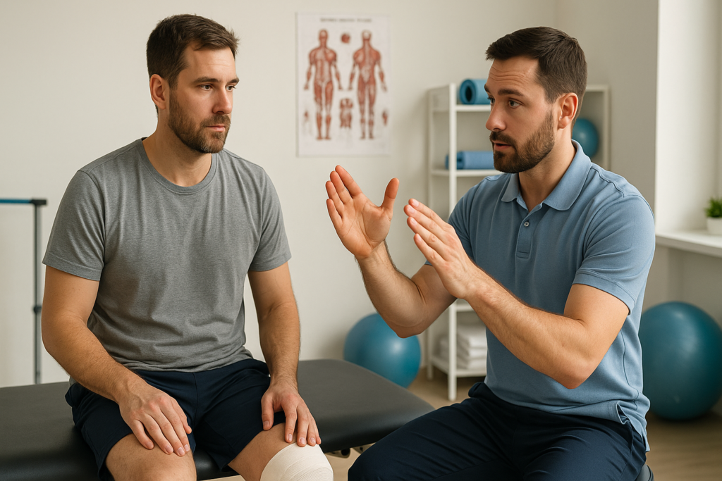 Pacjent po urazie podczas konsultacji z fizjoterapeutą w trakcie planowania rehabilitacji
