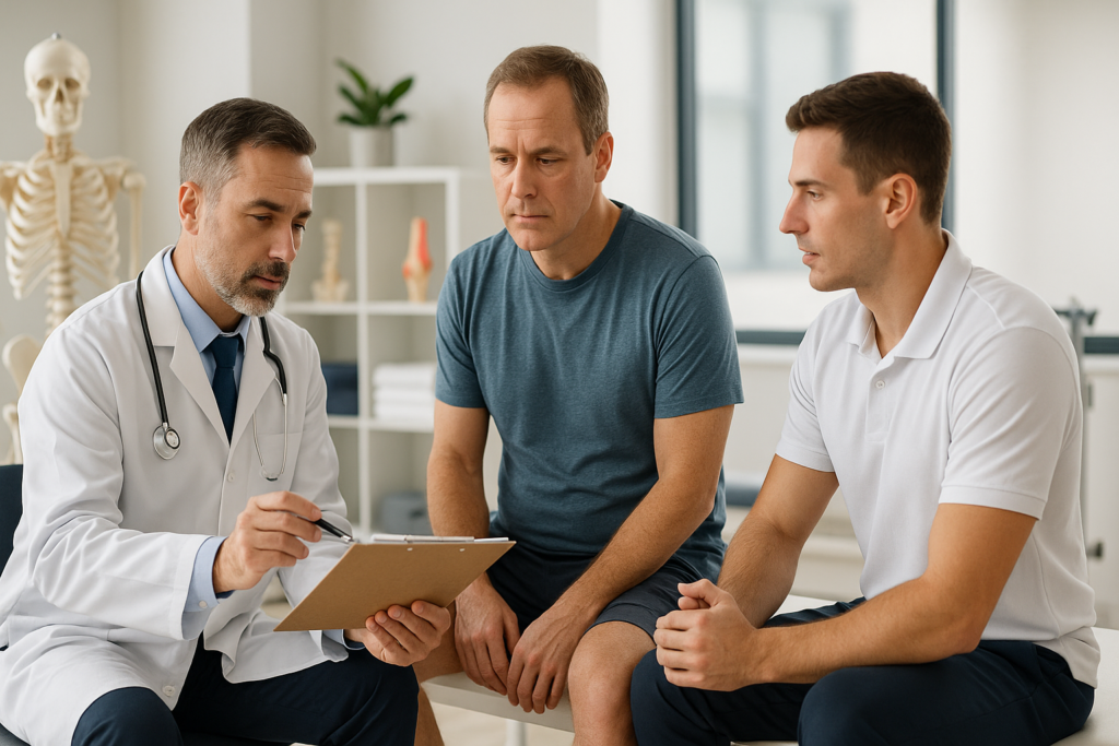 Ortopeda i fizjoterapeuta omawiają plan leczenia i rehabilitacji pacjenta w jednym ośrodku